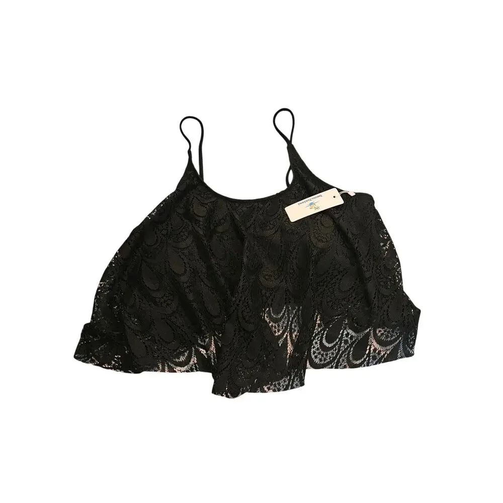 Beachsissi Lace Overlay Bikini Swim Top Women's XL Black Flounce NWT